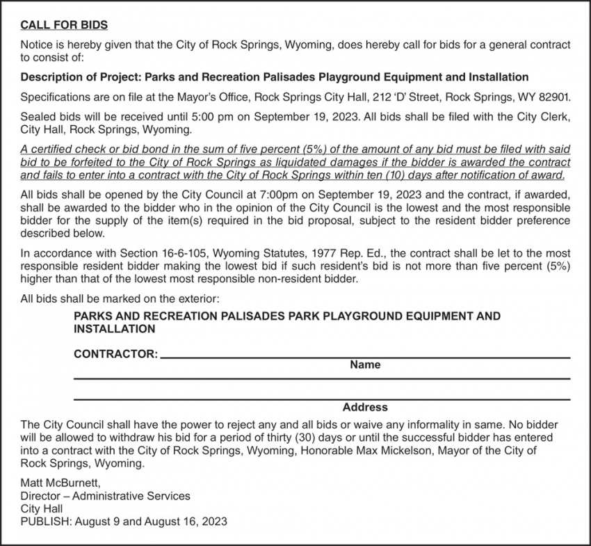 Call For Bids City Of Rock Springs Rock Springs WY