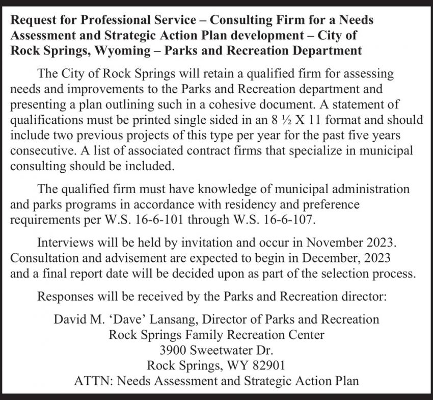 Request Of Professional Service City Of Rock Springs Rock Springs WY